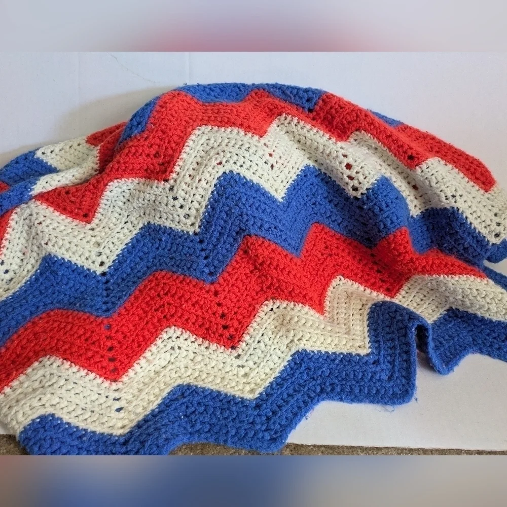 Vintage crochet pillow and Afghan. Red, white, and blue